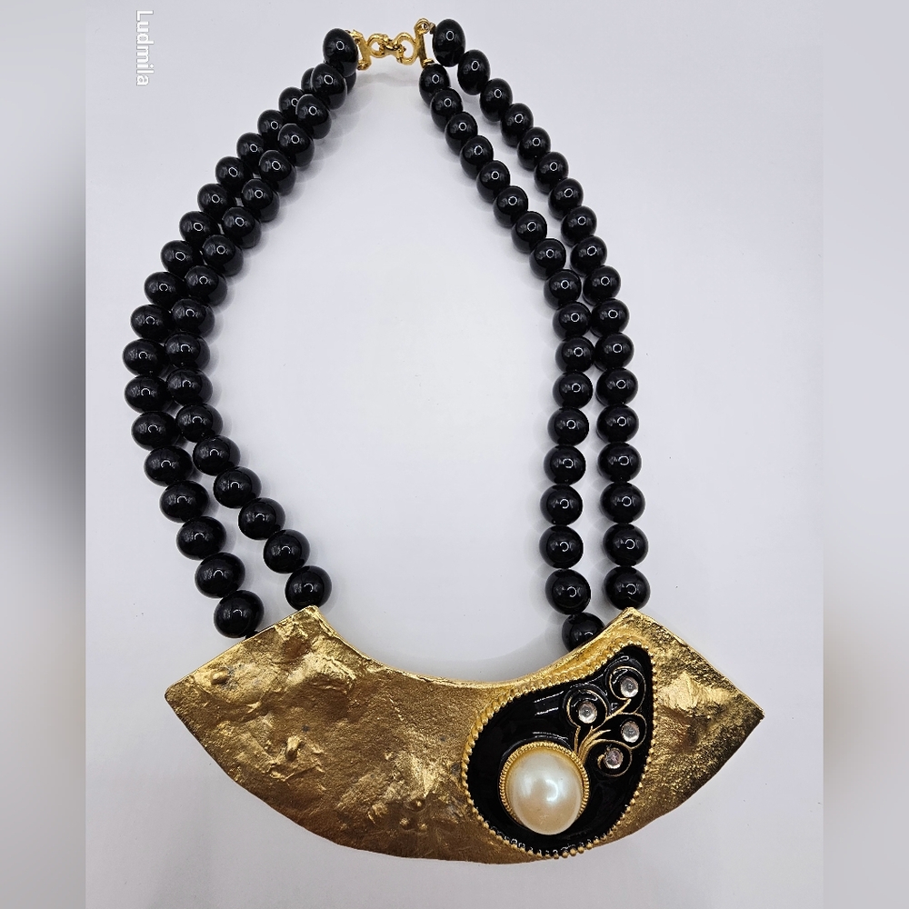 Gold-toned metal and black acrylic double-stranded statement necklace